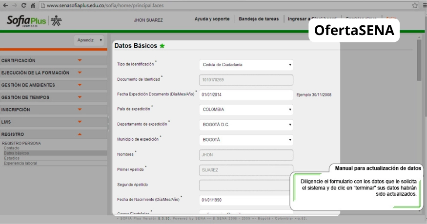 Como Actualizar los Datos en Sofia Plus - Diligenciar el Formulario de actualización de datos